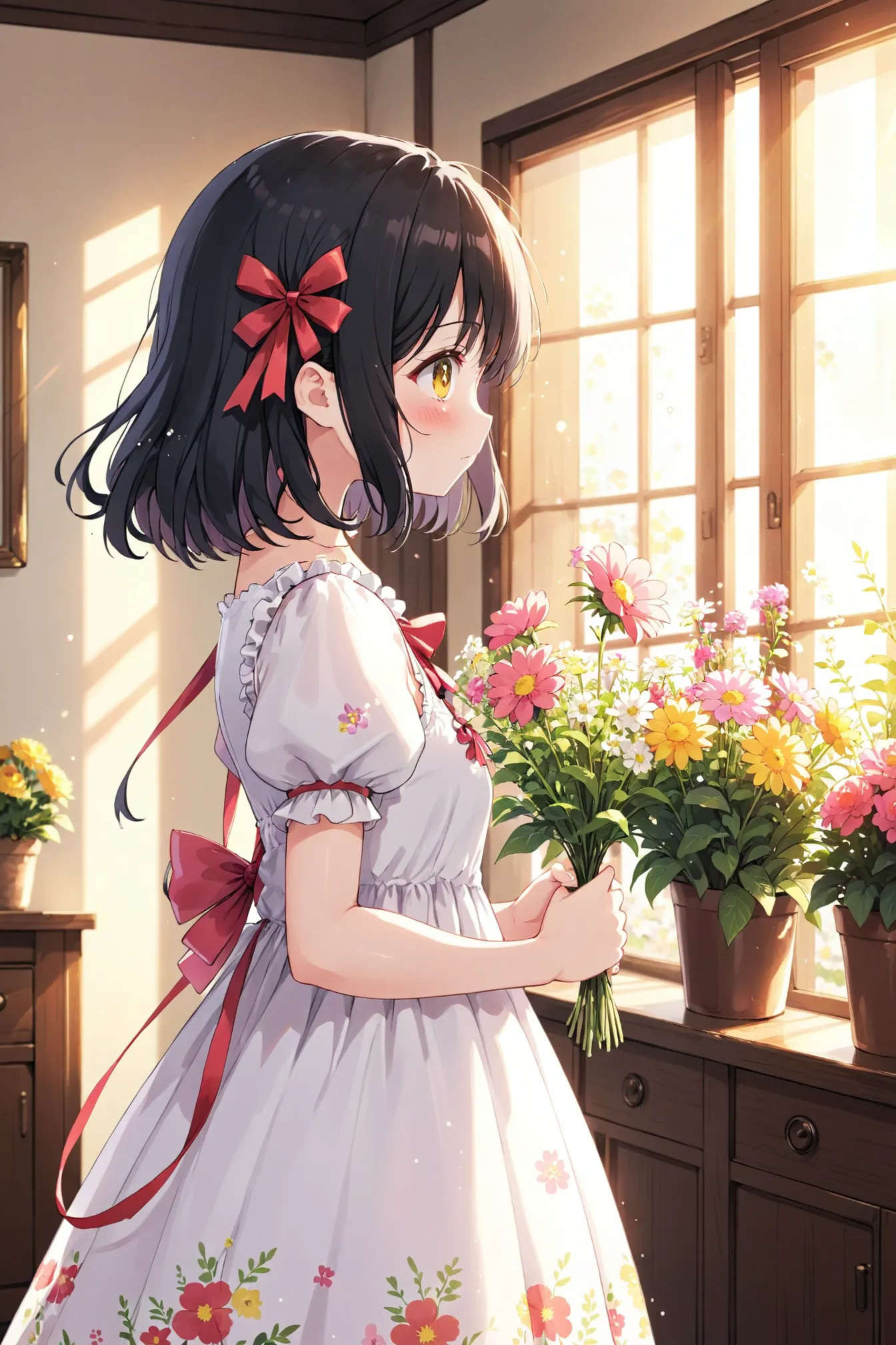 02094-1352838063-anime, 1girl, solo, indoors, black hair, blush, closed mouth, dress, floral print, flower, from side, holding,.webp